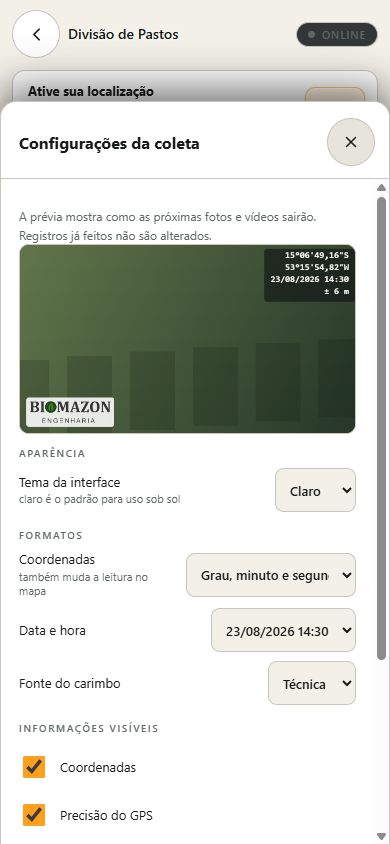 Configurações reais de fotos, vídeos e carimbo do SIGON no celular